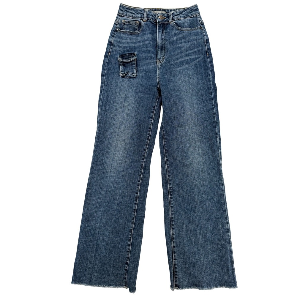 KanCan Wide Leg Jeans Size 28 Blue High Rise Raw Hem Cargo Pocket Y2K